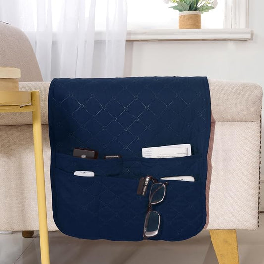 Armchair Caddy for Couch Remote Control Holder Premium Durable Non-slip Sofa Armset Organizer Caddy Storage for Recliner Couch 4 Pocket for Cell Phone Magazine 35"x13" Navy 1 Piece