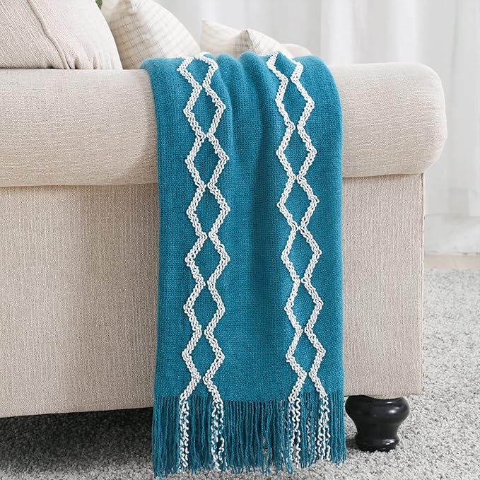 BOURINA Fluffy Chenille Knitted Fringe Throw Blanket Lightweight Soft Cozy for Bed Sofa Chair Throw Blankets, Teal 50" x 60"