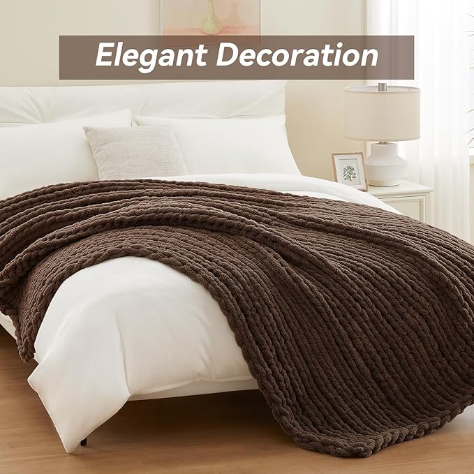 Negwoo Chunky Knit Throw Blanket, 50''*60'' Knitted Throw Chenille Yarn for Bed Couch, Handmade Dark Brown Crochet Big Thick Blanket, Machine Washable Cute Comfy Blanket for Home Decor