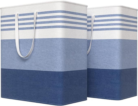 WOWBOX 2 Pack Laundry Baskets, Laundry Hampers, Freestanding Dirty Clothes Hampers with Reinforced Handles & Cross Stitch & Waterproof Coating, for Laundry Bedroom Bathroom Dorm,100L Blue