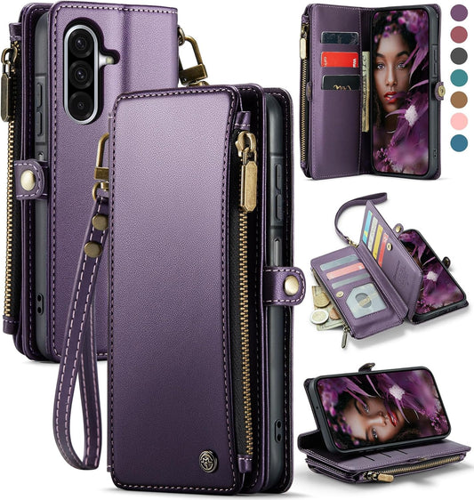 Defencase for Galaxy A26 5G Case Wallet with RFID Blocking Card Holder for Women Men, Fashion PU Leather Magnetic Snap Flip Zipper Wrist Strap Wallet Phone Case for Samsung Galaxy A26 5G, Purple