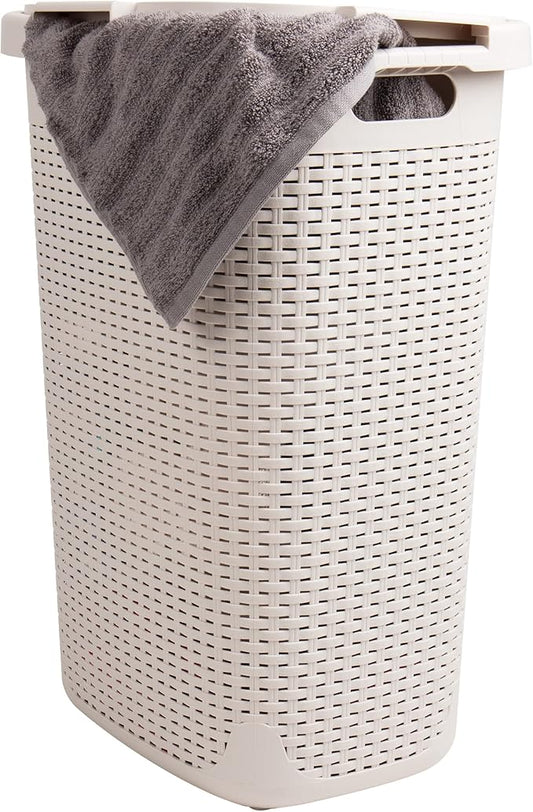 Mind Reader Slim Laundry Hamper with Lid, 60L Tall Clothes Basket, Narrow Tapered Design for Bathrooms, Closets and Laundry Rooms, Plastic, Ivory