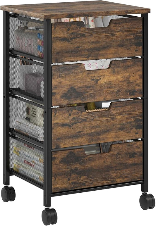 Rolling Cart with Drawers, Wooden Top and Front, with Wheels Metal Under Desk Storage Cart with 4 Drawers, for Office, Bedroom, Classroom, Home, Rustic Brown