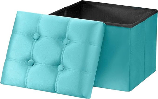 AmasSmile Storage Ottoman Foot Rest Stool, 17 inch Velvet Footstool Bench, Short Ottomans Stool, Small Folding Storage Ottoman Store Books, Records, Teal