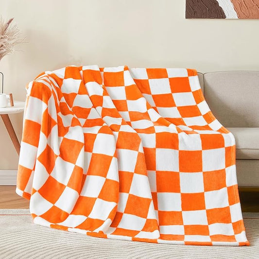 BEDELITE Checkered Throw Blanket for Couch, Soft & Cozy Fleece Flannel Blanket with Checkerboard Grid Home Decor, Checkered Orange Tennessee Blanket, 50x60 Inches