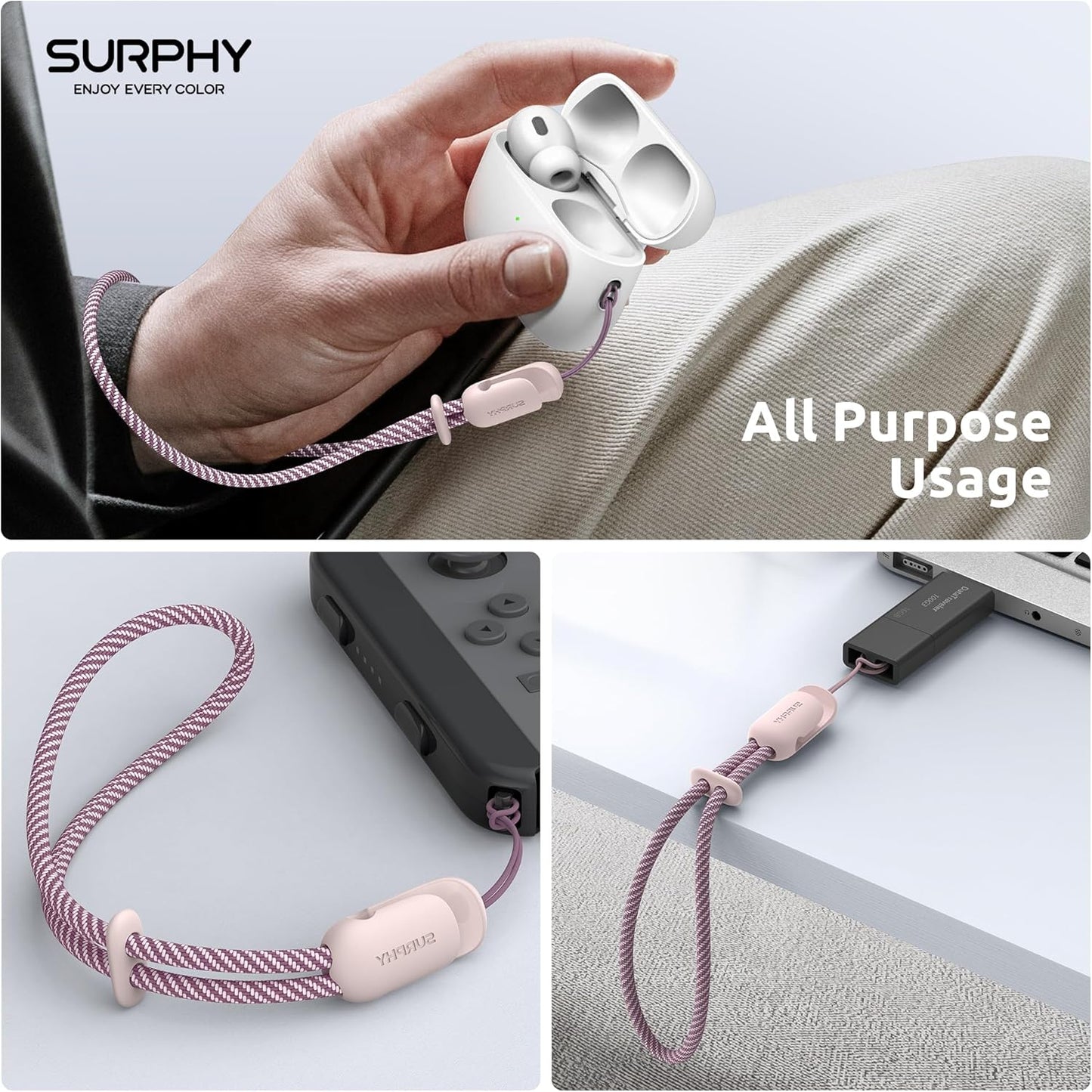 SURPHY 2 Pack Phone Lanyard for Cellphone Case, Phone Wrist Strap for Case, Cellphone Strap with 2-Color Braided, Charm Wrist Lanyard for Women and Men, Cellphone Wrist Lanyard for Women, Pink & Pink
