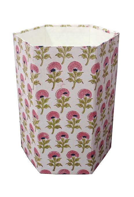 Generic 3.3 Gallon Cotton Hand Block Printed Paper Waste Basket |Small Decorative Trash Can for Housewarming Gifts in Living Room, Bedroom, Bathroom | Eco-Friendly, Plastic-Free (1, PINK FLOWAR)