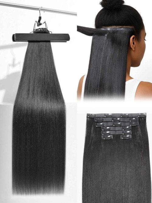 Frodio Clip Ins Hair Extensions Black: Remy Real Human Hair Pu Seamless Long Yaki Straight Invisible Beauty For Women Can Be Body Wave 20 Inch 100g 7 Piece Full Thick Brazilian Jet Black Natural Color