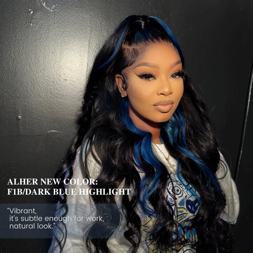 ALHER Black Mix Midnight Blue Bundle Human Hair Body Wave, 12A Soft Thick 3 Bundles Wavy Human Hair, 100% Remy Hair Balayage Two Tone Subtle Colored Double Weft (#1B/Blue, 10 12 14 IN)