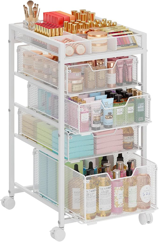 5-Tier Rolling Makeup Cart Organizer with 4 Drawers, Cosmetics Display with Dividers, Floor Skincare Storage with Wheels, Versatile Vanity Organizer for Nail Polish Perfume Brush Hair Tool, White