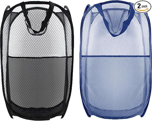 Collapsible Pop Up Laundry Hamper, Extra Large Mesh Foldable Laundry Basket Bag, 28" x 16" x 16", 2 Pack (Black + Blue)