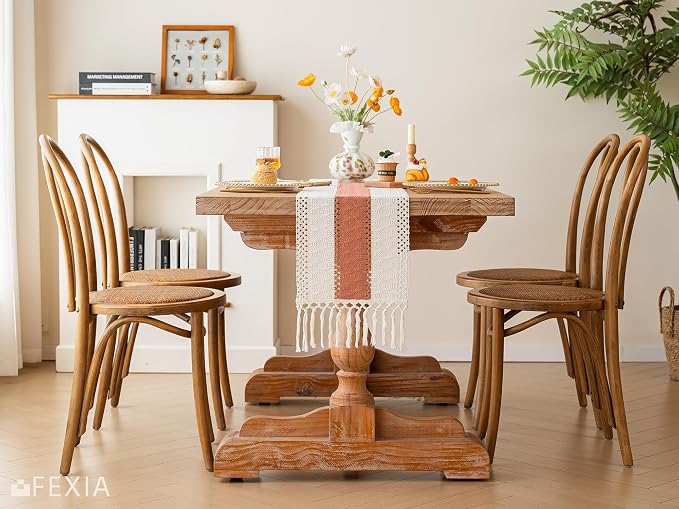 FEXIA Boho Table Runner for Summer Home Decor with Tassels 72 Inches Farmhouse Long Rustic Table Runner Macrame Burlap Centerpieces for Tables Decoration for Living Room Coral (12x72 Inches)