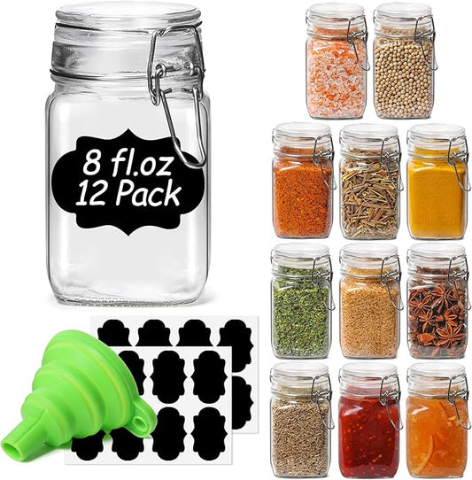 ComSaf Set of 12 Square Glass Jars with Airtight Lids (8 Oz), Pantry Canisters for Spices, Jams, & Herbs, Wire Clamp Jar for Overnight Oats, Pickling, Favors, Includes Labels & Funnel