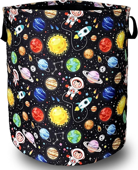 Funny Astronaut Laundry Basket Foldable With Handles Galaxy Tote Bag Oxford Cloth Colorful Planet Laundry Hamper Clothe Storage Bucket Toy Organizer 18.9"x16.5"For Bathroom/Laundry/Bedroom