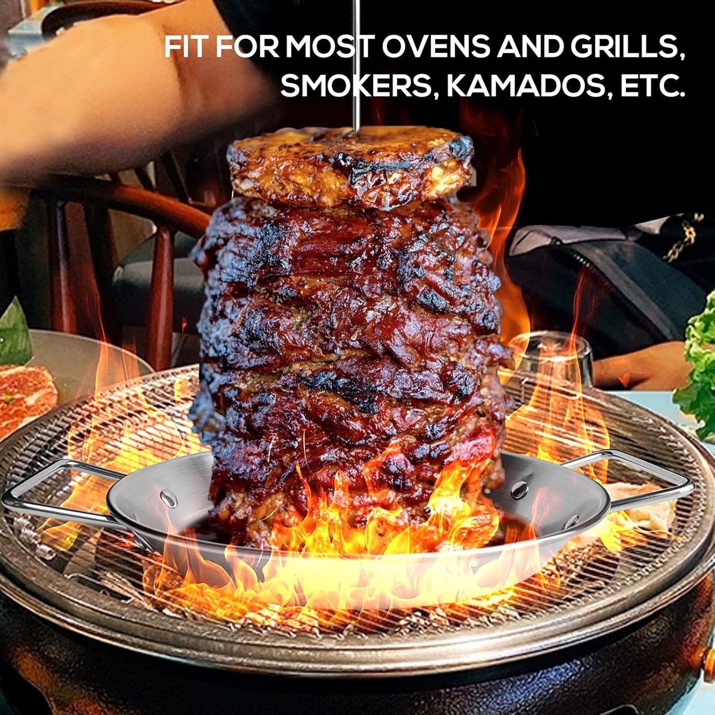 Fengzhe Al Pastor Skewer for Grill：Stainless Steel Vertical Skewer, Brazilian Spit Stand with 3 Spikes,2 Brushes,Ideal for Tacos Al Pastor,Shawarma, Kebabs on Smoker, Oven,with Fat Separator Tray