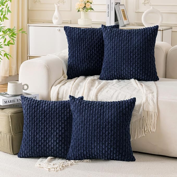 Set of 4 Navy Blue Decorative Throw Pillow Covers 24x24 Inch Corduroy Pillow Covers for Bed Couch Sofa Living Room Soft Square Cushion Cases