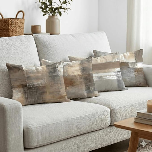 Modern Abstract Throw Pillow Covers Set of 4, 12x20 Inch Decorative Sofa Pillows for Living Room, Soft Square Cushion Cases for Couch, Grey and Brown Geometry Art Decor