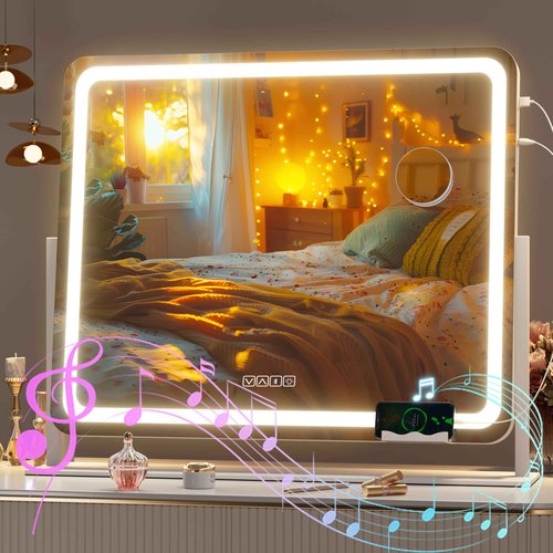 Hasipu Vanity Mirror with Lights and Bluetooth Speaker, 23.6" x 19.7" LED Makeup Mirror, Light up Mirror with 10X Magnification, USB Charging Port, Smart Touch 3 Colors Dimmable (White)