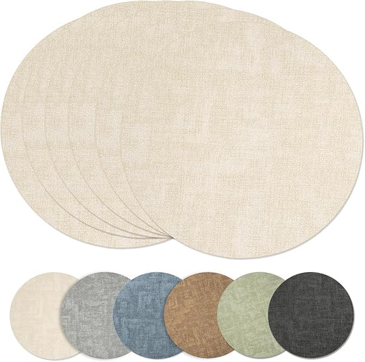 Maxpearl Round Placemats Set of 6, 13.8 inch Faux Leather Heat Resistant Table Mats, Non Slip Waterproof Wipeable Place Mats for Kitchen Dining Holiday Party Table Settings, Beige