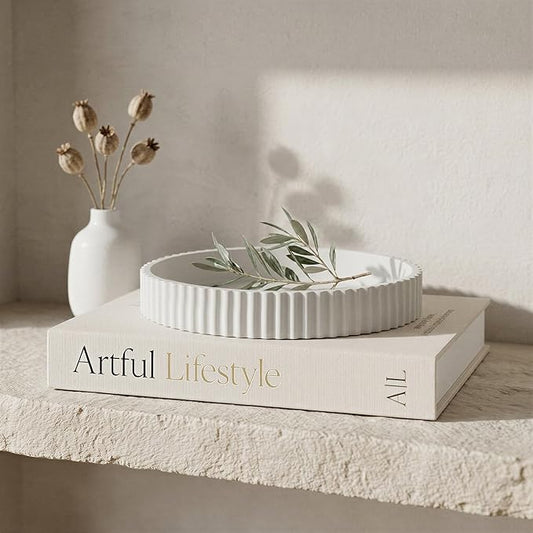Decorative Concrete Tray & Book Decor Set - Scalloped Tray & Linen Box Enhance Your Coffee Table or Bookshelf Decor - Stylish Home Decoration for Your Living or Dining Room & as a Housewarming Gift