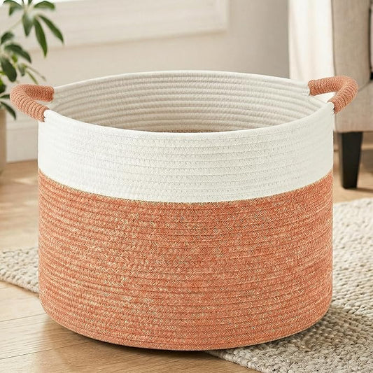 Artfeel 40L Large Cotton Rope Basket, Decorative Woven Blanket Storage for Living Room, Boho Toy Storage & Toy Box for Kids, Versatile Laundry Basket & Nursery Hamper for Blankets(Orange)