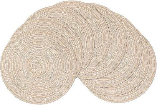 SHACOS Round Braided Placemats Set of 8 Cotton Fabric Round Table Mats Non Slip Washable 15 inch Round Place Mats Home Party Table Decor (Beige, 8)