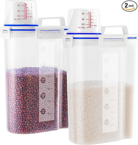 2 Pcs 5.5Lbs Rice Dispenser Storage Containers, Rice Container with Measuring Cup & Pour Spout, Kitchen Plastic Airtight Container for Cereal, Grain, Flour, Sugar, Oatmeal, Dry Pet Dog Food
