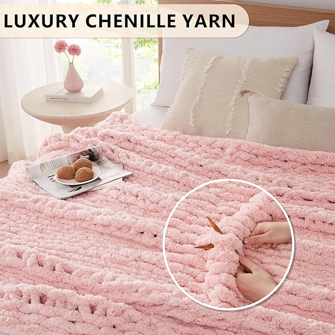 L'AGRATY Chunky Knit Chenille Blanket Throw - 50x60, Pink: Soft, Breathable, Machine Washable, Perfect for Bed, Couch, or Gift