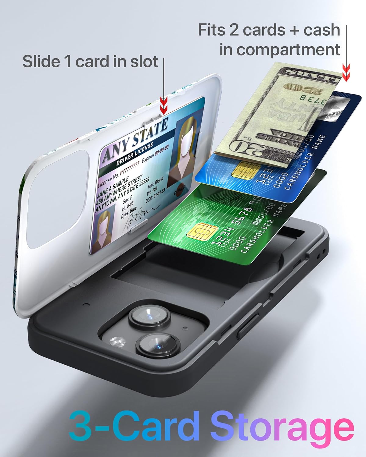 TORU CX Slim for iPhone 15 Case Wallet | Protective Shockproof Heavy Duty Cover with Hidden Card Holder & Card Slot | Mirror & Wrist Strap Included - Travel Stamps