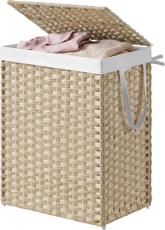 SONGMICS HOME Laundry Hamper with Lid, Clothes Basket with Removable Liner and Handles, 23.8 Gallon, Foldable Narrow Laundry Organizer for Bathroom, Bedroom, Sand