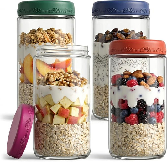 24 OZ Overnight Oats Jars with Lids 4 Pack, Glass Meal Prep Containers, Reusable Food Storage Jars, Airtight Mason Jars for Breakfast, Yogurt Parfait, Salad, Smoothies(4-1)