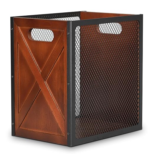 Rustic Office Trash Can - Rectangular Waste Basket with Iron Mesh, 4.5 Gallon Wooden Garbage Can, Bathroom Garbage Bin with Handles, Decorative Trash Can for Home Office Bedroom