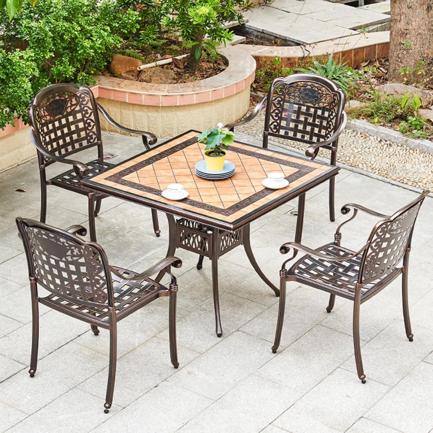 Outdoor Dining Chair Cast Aluminum Patio Chairs Set of 2 All-Weather Patio Dining Chair with Adjustable Feet for Backyard Garden (Positive Lattice Landscape Chair)