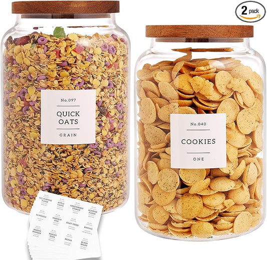 CZHQSMZ Set of 2 Large Glass Flour and Sugar Containers with 132 Pantry Labels - Glass Food Storage Jars with Airtight Bamboo Lid for Flour Pasta Candy Coffee Cookie and More(1 Gallon/4000 ml)