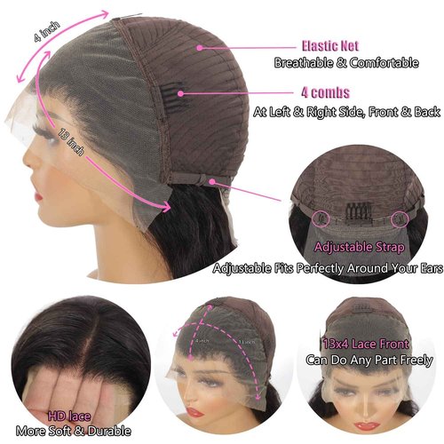 Segsavor 13x4 lace front wigs human hair 180% density Brazilian Virgin Hair Glueless Human Hair Wigs Pre Plucked Body Wave Hd Lace Frontal Human Wigs for Black Women (natural color, 18inch)