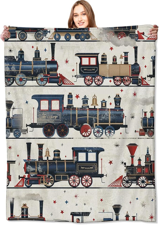 Vintage Steam Train Blanket,Cute Classic Railway Retro Throw Blankets,Gifts for Kids Girls,Lightweight Soft Fleece,for Sofa Couch Bed Room Travel,Birthday Historical Aesthetics Decor,40x50in
