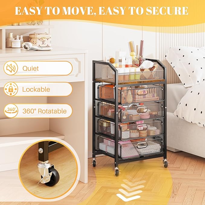 SUNALLY Makeup Organizer Cart with 4 Drawers, Rolling Makeup Storage Cart Metal Skincare Organizers, Large Vanity Storage Organizer Cosmetics Display Cases for Skin Care Perfume Nail Polish, Black