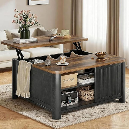 Decofy Lift Top Coffee Table with Storage Mid Century Modern Square Coffee Tables for Living Room, Large Hidden Storage Compartment, Adjustable Shelves & Sliding Door