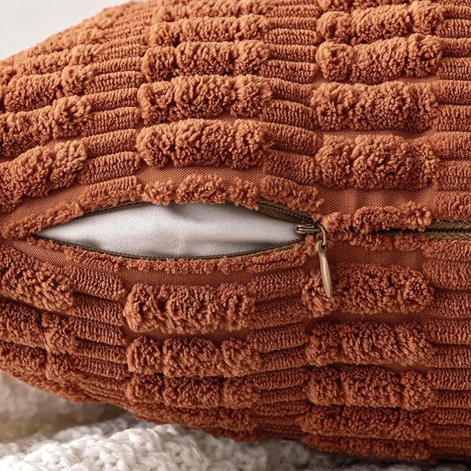 MIULEE Pack of 2 Dark Rust Corduroy Decorative Pillow Covers 12x12 Inch Soft Boho Striped Throw Pillow Covers Modern Farmhouse Home Decor for Summer Sofa Living Room Couch Bed