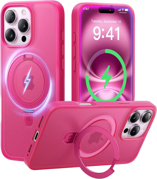 CASEKOO Designed for iPhone 14 Pro Case with Magnetic Invisible Stand [Military Drop Protection] [Compatible with MagSafe] Shockproof Slim Matte Translucent Pro Case 6.1 Inch, Hot Pink