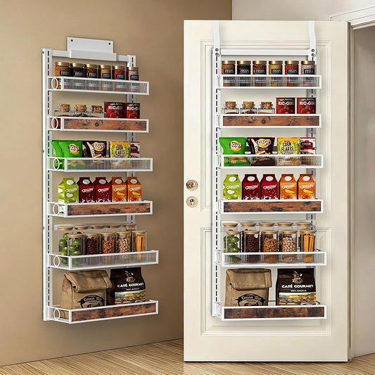 6 Tier Pantry Door Organizer Spice Rack, 2-IN-1 Wall Mount or Hanging Over Door Seasoning Organizer with Adjustable Baskets, Heavy Duty Behind Door Storage Shelves for Pantry, Cabinet and Kitchen