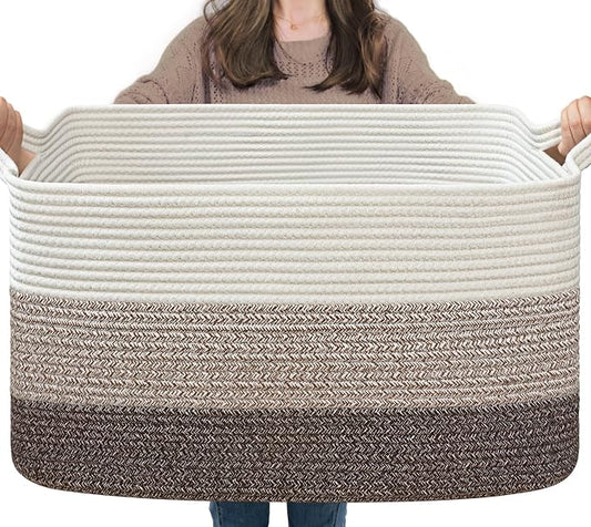 Goodpick Large Woven Storage Basket, 21.6"x14.9"x11.8", Blanket Storage for Bedroom and Living Room, Rectangle Rope Baskets for Storage, White Brown
