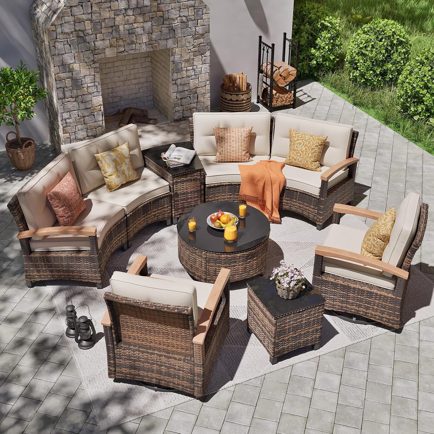 9 Piece Outdoor Patio Furniture Set, Half-Moon Curved Sectional Set with Wood Armrests, Patio Conversation Set, Tempered Glass Coffee & Side Tables（Brown）