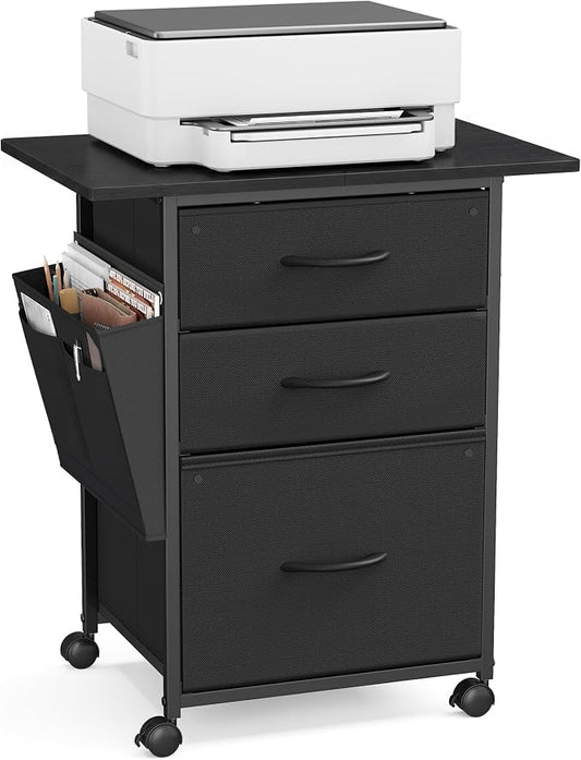 VASAGLE 3-Drawer File Cabinet, Mobile Printer Stand with Storage, Filing Cabinet for A4 Letter Size, Side Pockets, 23.6 x 15.7 x 26.8 Inch, Ink Black, Bellah Collection UOFC201BC01