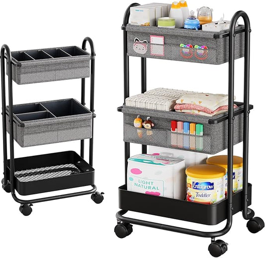 Modanais Baby Diaper Caddy Organizer Cart - 3 Tier Rolling Storage Cart with Wheels, Baby Essentials for Nursery Storage, Detachable Dividers - for Crib, Bedroom, Art & Craft Organizer (Black)