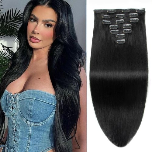 Jet Black Clip in Hair Extensions Real Human Hair Clip ins 20 Inch 7pcs 120g Human Hair Clip in Extensions Straight Hair Double Weft Human Hair Extensions For Women