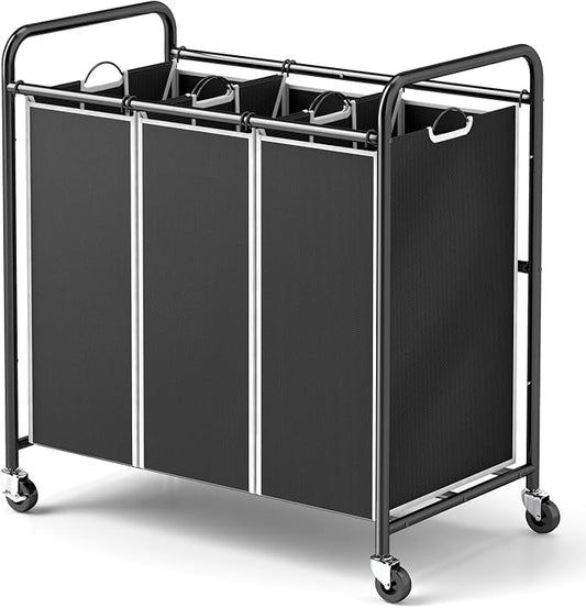 ROMOON Laundry Sorter Hamper 3 Section, Divided Laundry Basket Organizer with Heavy Duty Lockable Wheels and Removable Bags, Rolling Clothes Hamper for Apartment, Dorm & Family (135L Modern Black)
