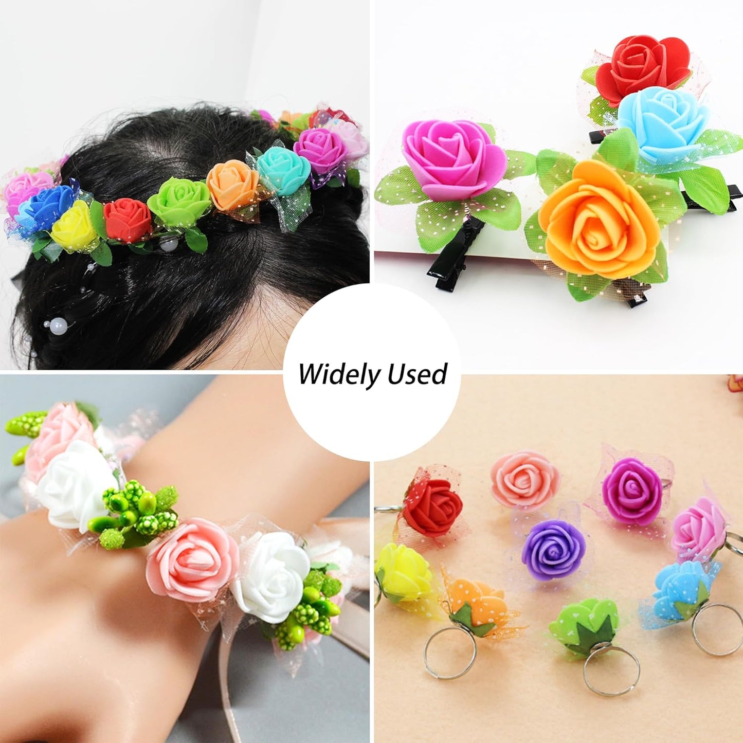 500 Pcs 0.6 Inch Mini Artificial Flowers Head Bulk 5 in 1 Set Faux Foam Fake Small Rose Tiny Baby Flores Bouquet Wreath Gift Hair Clip Home Decoration DIY Craft (Orange)