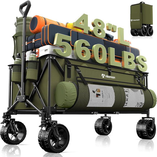 300L Extra Large Wagons Carts Foldable, 560LBS Heavy Duty Collapsible Beach Wagon 48" Long with Big All-Terrain Wheels, Utility Folding Cart for Camping, Grocery, Sports, Garden, Green