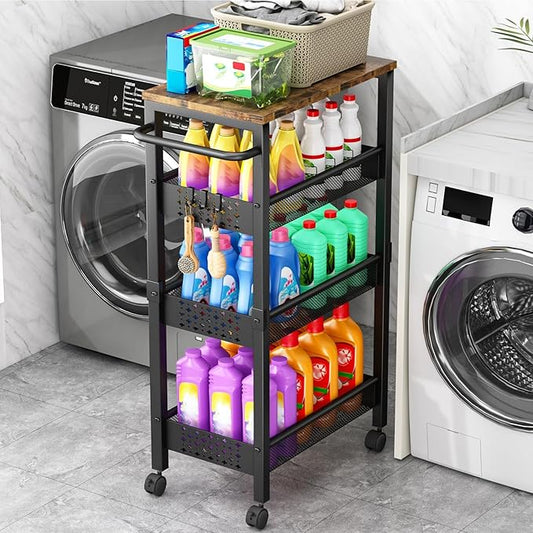 Vivihomety Utility Slim Storage Cart with Wheels, 4-Tier Narrow Rolling Organizer Shelf with Wood Top, Metal Storage Rack and Space-Saving Organizer for Bathroom, Kitchen, Laundry Room, Small Spaces